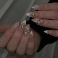 French Tip Press on Nails Medium Almond Fake Nails 3D Flower Nails Press Ons Glossy Full Cover False Nails with Rhinestones Design Seashell Starfish Glue on Nail Acrylic Stick on Nail for Women 24Pcs