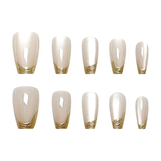 Gold French Tip Press on Nails Square Short Fake Nails Cat Eye Acrylic Nails Press ons Glossy Nature Artificial False Nails Full Cover Glue on Nails for Women Girls Manicure Deco 24Pcs