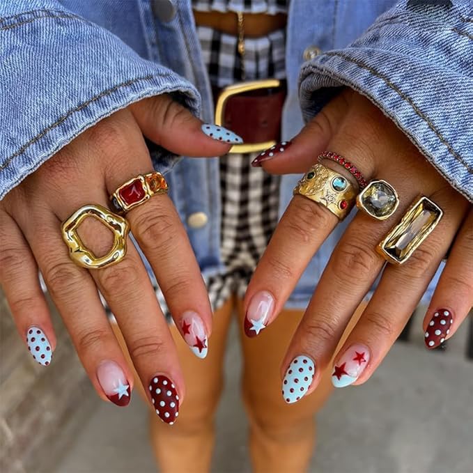 Short Almond Press On Nails - Red White Polka Dot Pop Art Design,Easy Application Manicure Set for Work, Party & Daily Use, Perfect for Women and Students