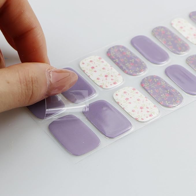 JMEOWIO Gel Nail Stickers White Purple Flower Semi Cured Gel Nail Strips Wraps UV/LED Nails Art Design Decoration Accessories