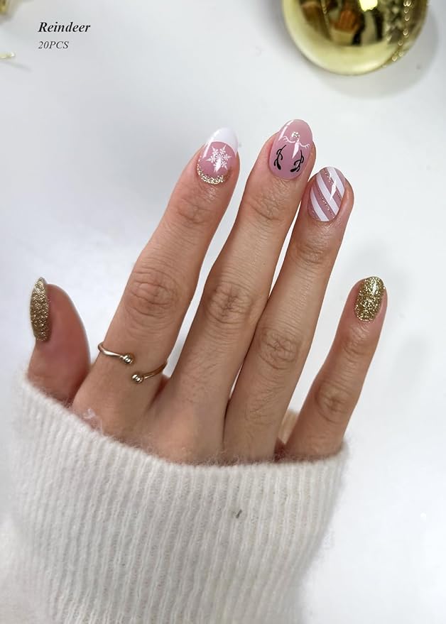 Semi Cured Gel Nail Strips (Reindeer), Christmas Gold Glitter, 20 Pcs Gel Nail Wraps, Stickers, Snowflake, Long Lasting, Works with Any UV Lamps