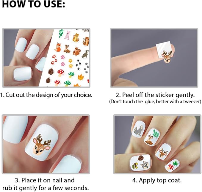 WIRESTER 8 Sheets of Nail Art Stickers Decals, Self-Adhesive Nail Decals for Women Kids Girls Nails Decorations - Forest (Cute Animal, Giraffe, Lion, Tiger, Wolf, Fox, Monkey, Hippo, Panda, Zebra)