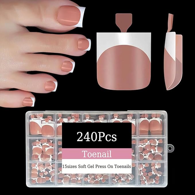 240Pcs Toe Press on nails, Short Square Brown Toe Nail Press Ons for Women in 15Sizes, French Tip False Toenails Extension, Soft Gel Toe Nail Tips, Acrylic Full Cover Fake Toenails for Girl