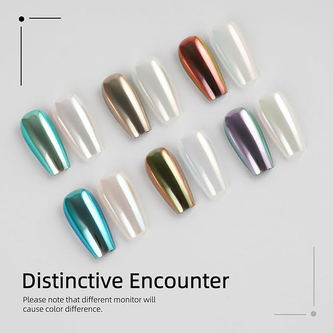Chrome Nail Powder Pearl White Aurora Effect Metallic Mirror Moonlight Pigment Iridescent Glitter Kit for Gel Polish Nail Art Decoration, 6 Colors Set 0.5g/Jar
