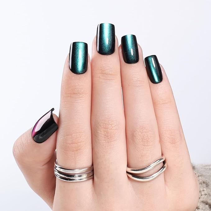 Cat Eye Press On Nails - Short Square Deep Green Nails Press Ons for Women DIY Glossy Fake Nails Kit with Glue, Reusable Soft Gel Glue on Nails Short in 16 Sizes - 32pcs, Emerald Mirage