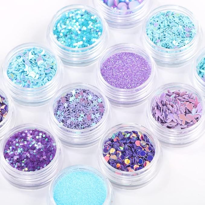 Nail Art Blue Glitter Sequins 3D Pearl Nails Shining Flakes Acrylic Powder Dust Chunky Flake 12Jars