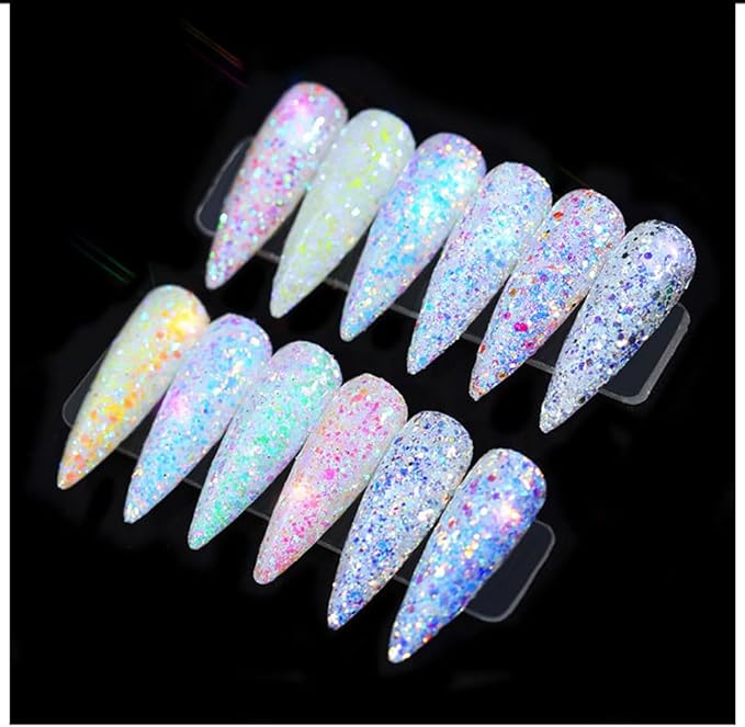 Nail Art Glitter Shiny Sequins Iridescent AB White Thin Flakes 12 Jars 3D Chunky for Eyes Body Makeup ﻿