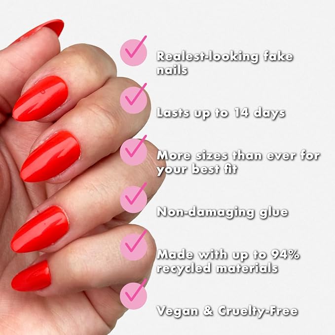 Olive & June Instant Mani Press-On Nails (Glue) | 42 Fake Nails, 21 Sizes | Non-Toxic, Long-Lasting Recycled Materials Realistic Look | Salon-Quality at Home | Medium, Almond | Lava