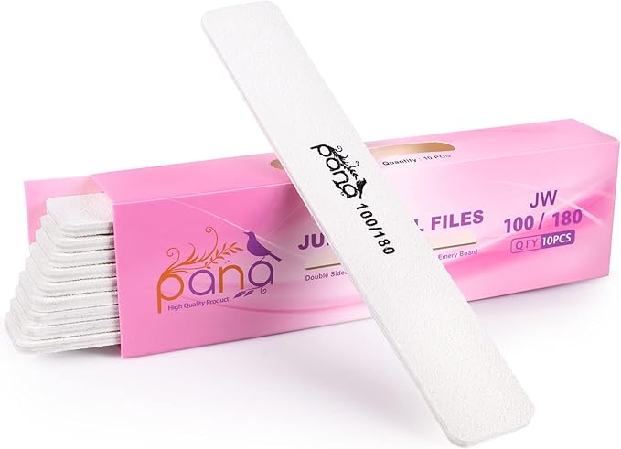 10pcs - PANA Jumbo Double-Sided Emery Nail File for Manicure, Pedicure, Natural, and Acrylic Nails - White (Grit 100/180)