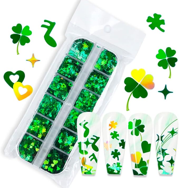 Nail Art Glitter Green Sequins 3D Holographic Laser Hearts Stars Leaves Clovers Nail Acrylic Stickers Spring Shiny Flakes Nail Supplies for St. Patrick's Day Decor 12 Grids