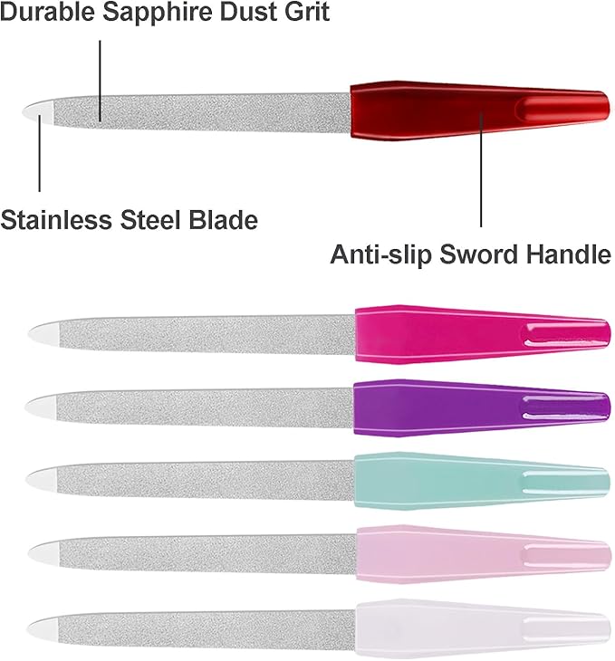 Nail Files for Natural Nails (6 PCs), Sword Metal Nail Files Made of Stainless Steel with Non Slip Handle, Double Sided Fingernail Files Sapphire Grit for Natural Nails Toenail Color Mix