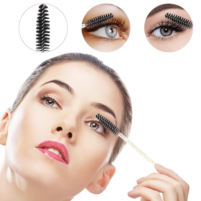 300 PCS Eyelash Extension Supplies Kit,Disposable Lash Spoolies Brushes Micro Swab Brushes Mascara Wand Lip Brushes for Eyelash Extension Tattoo Lipstick Applicator (Gold)