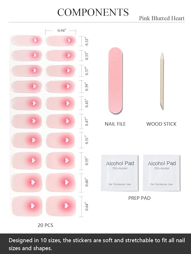 Semi Cured Gel Nail Strips (Pink Blurred Heart), Valentine's Day, 20 Pcs Gel Nail Wraps, Stickers, Salon Quality, Works with Any UV Lamps