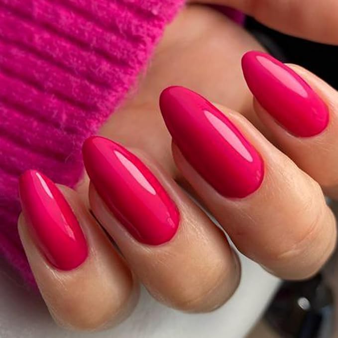 GLAMERMAID Hot Pink Press on Nails Medium Almond, Rose Red Handmade Jelly Soft Gel Pure Glue on Nails Stiletto, Summer Spring Fake Nails Short Oval, Reusable Acrylic Stick on False Nails Kit for Women