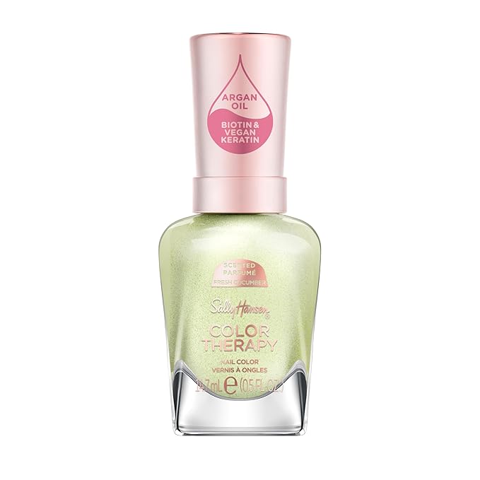 Sally Hansen Color Therapy Scented Nail Polish | Biotin, Argan Oil, Long Lasting, Healthy Nails, Nail Strengthener, Opaque | 448 Chill & Refresh, Fresh Cucumber| Light Green Nail Color