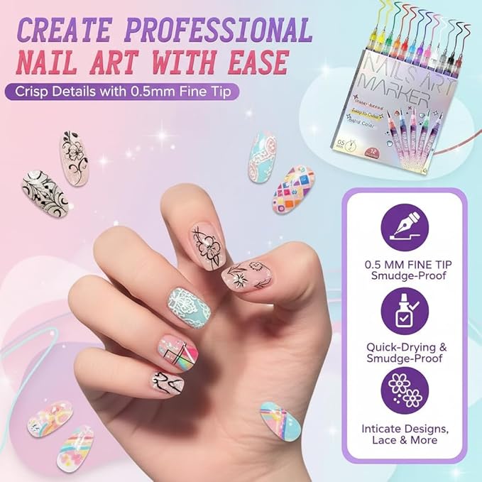 2026 New 12 Colors Nail Art Pens Set, 0.5mm Fine Tip Polish Markers for Drawing - Quick Dry Waterproof DIY Nail Art Kit for Beginners, Gel & Acrylic Nails, Home Salon Manicure Tools (1 Set)
