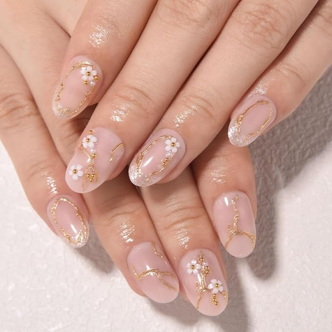 evpct Pink Glitter Press on Nails Short Oval with 3D Gold Line, Glitter French Tip Stick on Nail for Women Gift, Reusable Full Cover Soft Gel Press on Fake Nail with 3D White Flower Gold Design