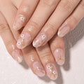 evpct Pink Glitter Press on Nails Short Oval with 3D Gold Line, Glitter French Tip Stick on Nail for Women Gift, Reusable Full Cover Soft Gel Press on Fake Nail with 3D White Flower Gold Design