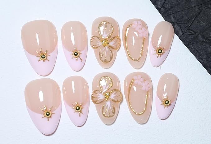 10 Short Almond Handmade Press On Nails | Nude & Blush Ombre Design with 3D Floral & Gold Accents | Salon-Quality, Easy Apply/Remove, Reusable & Long-Lasting (251214, XS)