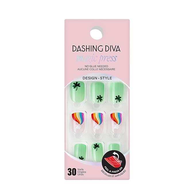 Dashing Diva Magic Press Nail Set - Over The Rainbow - Medium Square Press On Nails - Long Lasting Gel - Lasts Up to 10 Days - St Patrick's Day Gel Set - 4-Piece Manicure Kit with 30 Nails