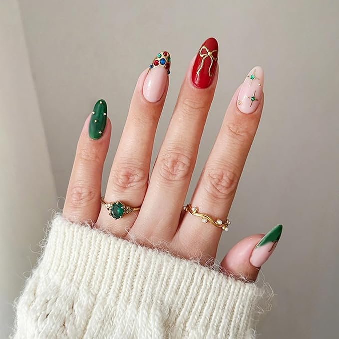 Christmas Press on Nails Short Almond Fake Nails Red Green Nails Press ons with Gold Bow,Gems Design Full Cover Stick on Nail for Women Holiday Manicure,Reusable | Nail Sticky Tab | Easy Apply | 24Pcs
