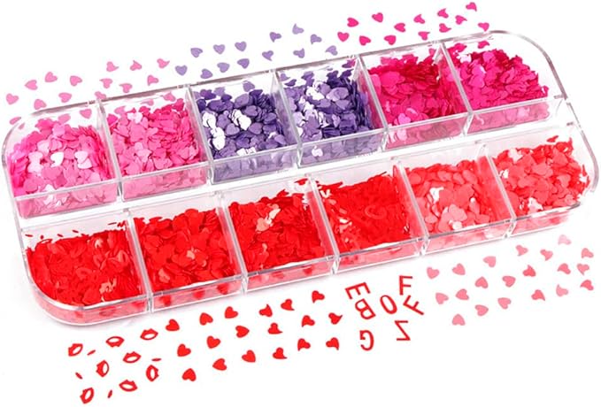 12 Grids Nail Art Heart Red Glitters 3D Holographic Love Lip Nail Pink Sequins Decals Flakes for Valentines Day Nail Art Manicure Decorations