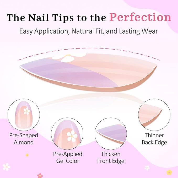 16 Sizes 128 Pieces Press on Nails for Kids, 4 pack Kids Nail Kit Colorful Flower Almond Fake Nail Tips for Girls 8-12 Years Old with Jelly Nail Adhesives & Nail Glue Birthday Easter Gifts