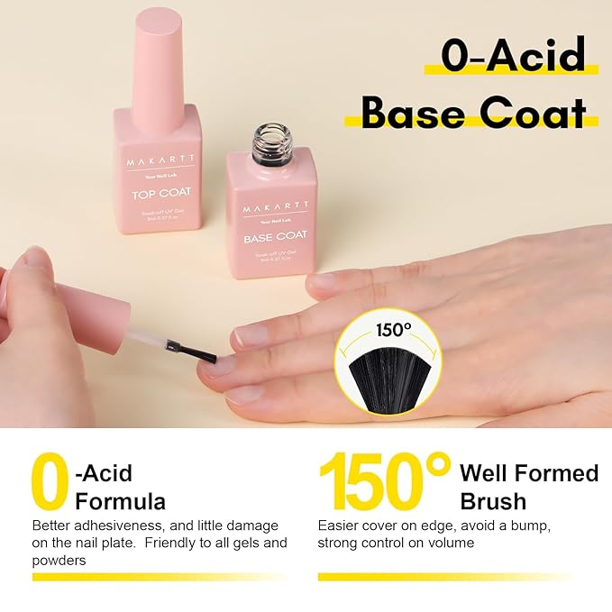 Makartt Gel Top Coat and Base Coat Kit: 2 PCS Clear Gloss Shiny No Wipe Stain Resistant General Top Coat Nail Polish UV for Acrylic Nails Dip Powder Gel Nail Polish Beauty Spring Gift Salon at Home