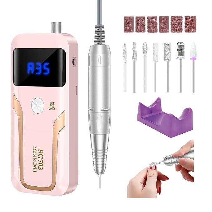 Portable Nail Drill Professional 35000 RPM, Rechargeable Electric Nail File Machine Cordless E-File for Acrylic Gel Polishing Removing with Bits Kit for Manicure Salon Home, Pink