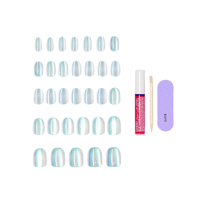 KISS GLAM, Press On Nails, Nail glue included, 'Celestique', Blue, Short Size, Round Shape, Includes 32 Nails, 2g Glue, 1 Manicure Stick, 1 Mini File