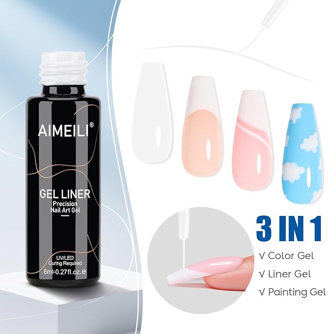 AIMEILI Gel Polish Nail Art Liner, Hema Free, Cruelty Free, Vegan, White Nail Paint Design Build in Thin Brush for Swirl French Tips Manicure DIY