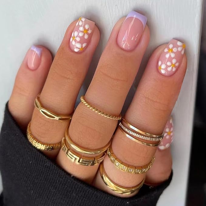 Press on Nails Square Short Short Fake Nails Press ons Purple French Nail Tips Artificial Acrylic Kit Full Cover False Nails with Flower Glossy Design Stick on Nails for Women 24Pcs