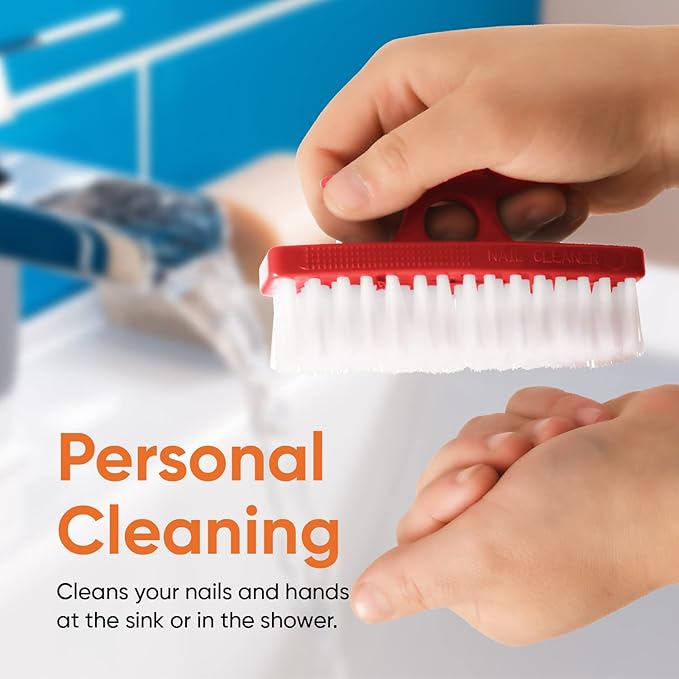 Superio Nail Brush Set (6 Pack) Cleaner with Handle, Durable Brush Scrubber to Clean Toes, Fingernails, Hand Scrubber All Surface Cleaning, Heavy Duty Scrub Brush Stiff Bristles, Easy to Hold. (Red)