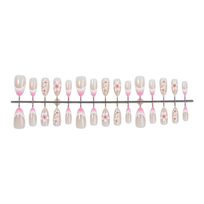 Almond Press on Nails Medium Fake Nails Pink Artificial Nail Flowers Cute Stick on Nail for Women 24pcs