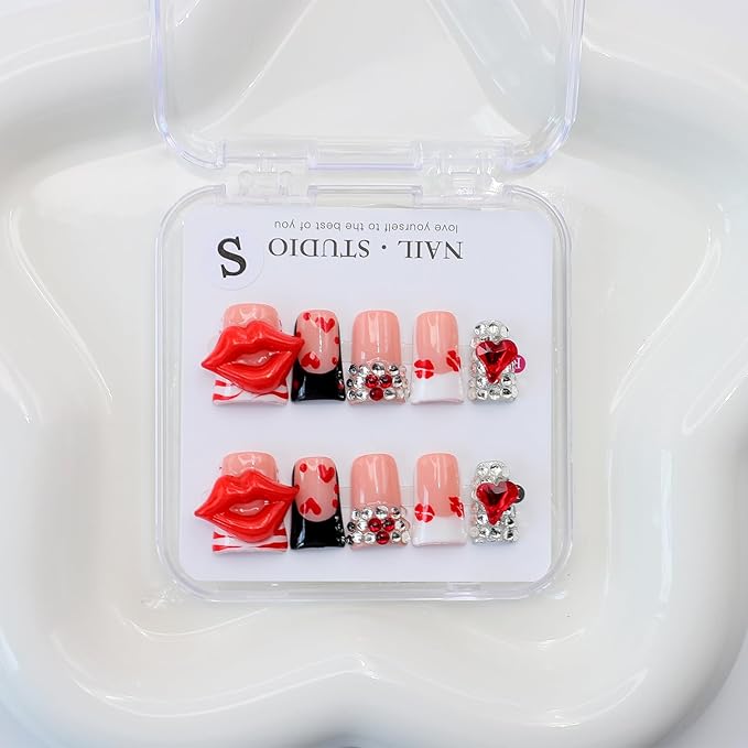 10Pcs Valentines Duck Press on Nails Handmade French Tip Press on Nails Short Duck Fake Nails Valentines False Nails with 3D Red Lips Heart Rhinestone Design Artificial Glue on Nail for Women (M)