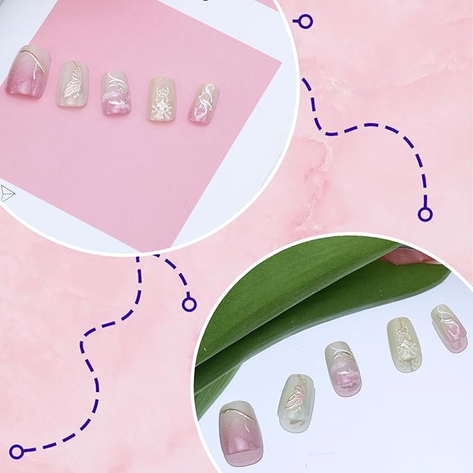 30Pcs Pink Press on Nails Short Square Fake Nails with Embossed Designs Glue on Nails Spring Summer Acrylic Nails Full Cover Butterfly False Nails Star Moon Stick on Nails for Women Nail Decoration