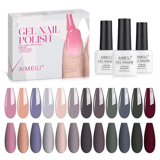AIMEILI Soak Off Neutral Gel Nail Polish Color for Mother's Day U V LED Nude Brown Pink Red Gel Set Of 12pcs X 8ml - Kit Set 2