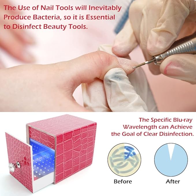 Nail Drill Bit Holder,Blue UV Light Box for Grinding Heads Dustproof Stand Displayer Acrylic 48 Holes Nail Salon Organizers Manicure Tools with USB Charging, Pink (Not Inlcude Drill Bits)