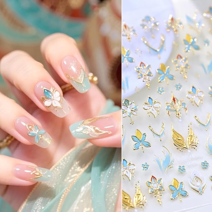 Flower Nail Stickers 5D Embossed Blue Gold Floral Nail Decals 3D Self-Adhesive Chinese Style Nail Supplies Aurora Lotus Flower Nails Designs for Women Girls DIY Manicure 1 Sheet