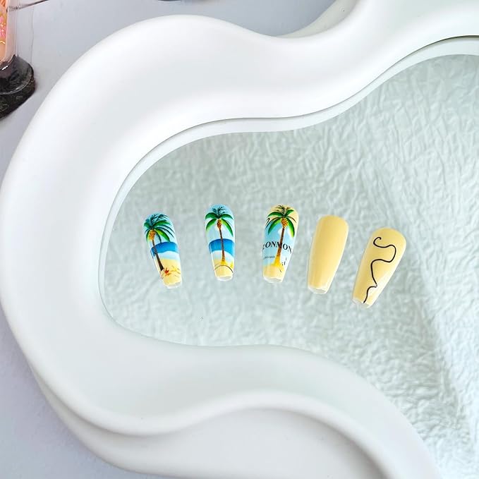 Medium Press on Nails Coffin Fake Nails with Designs Coconut Tree Glue on Nails Blue Seaside Acrylic Nails Summer Beach Artificial Nails Glossy Full Cover Stick on Nails for Women Girls