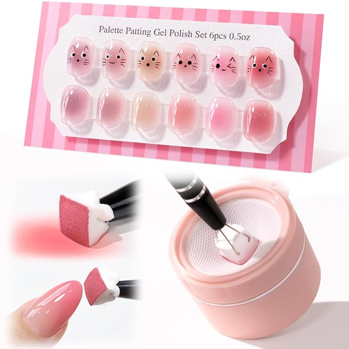 Double Rhythm Painting Gel Polish Set for Nail Art Palette Patting Gel Polish 6 Colors with 100 Pcs Sponges and Grabbing Pen (Nude Pink Purple Rose-T6-65)