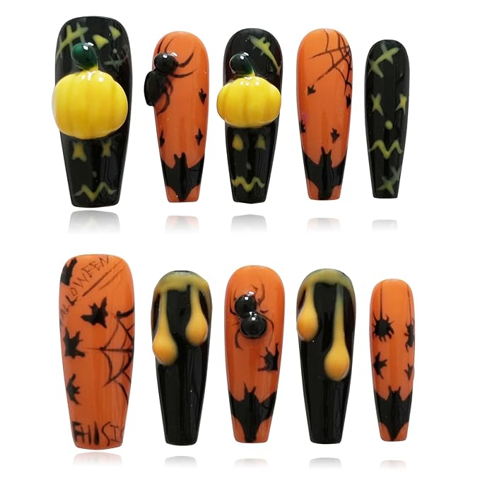 Ballerina Press on Nails Long Coffin - Handmade Black Base with Ant Web Bat Dripping Effect 3D Nail Art for Women & Girls (Pumpkin Bat Silhouette,M)