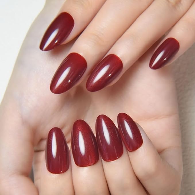 evpct Dark Red Press on Nails Almond Short, Dark Cherry Red Cat Eye Glitter Press on Nails for Women Gift, Soft Gel Press Stick on Nail with Nail Kit, Full Cover, 30Pcs Reusable Acrylic Fake Nails Kit