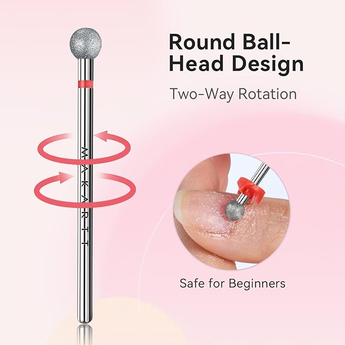 Makartt Nail Drill Bit - Ball Shape Cuticle Clean 3/32'', Safety Carbide Diamond Professional Nail Bit Nail Cleaner for Dead Skin Nail Prepare Two Way Rotate Manicure Nail Salon Supplies (Fine - F)