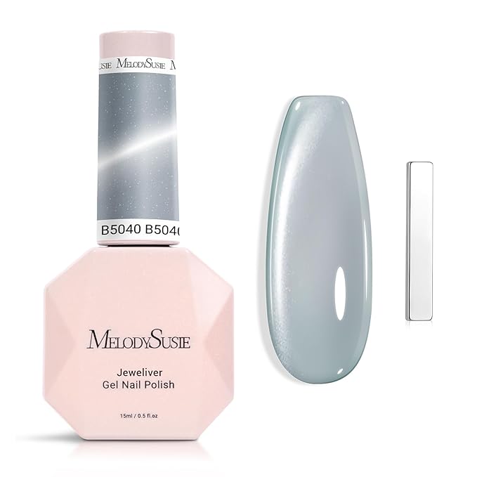 MelodySusie Glass Cat Eye Gel Nail Polish, Green Gray Glitter Holographic Magnetic Nail Polish with Magnet, 0.5 Fl Oz UV Nail Polish for Nail Art Manicure Salon DIY at Home B5040