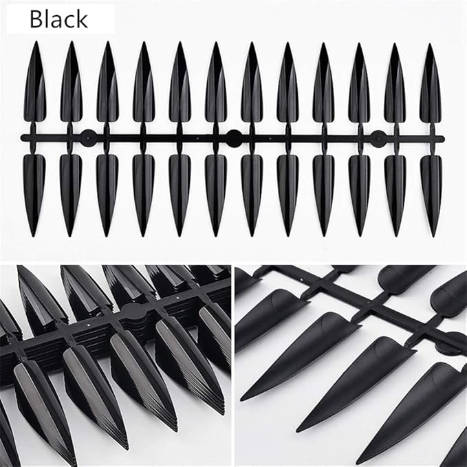 3 Pack Total 720 Tips Mixed Color Nail Tips Short Stiletto False Nails Pointed Sharp Fake Nails for Daily Wear On the Nail Tree Black/Clear/Natural Nail Art Supplies Nail Display Tips for Practice