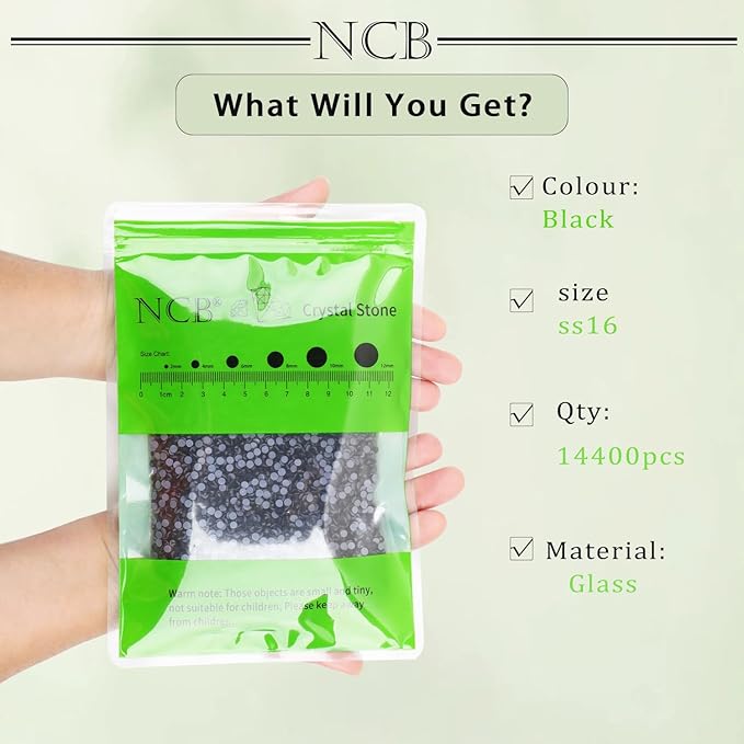 NCB 14400pcs Hotfix Crystal Rhinestones for Clothes Crafts, Hot Fix Bulk Flatback Crystals, Iron on Hotfix for DIY Decoration 100 Gross (Black, ss16/14400pcs)