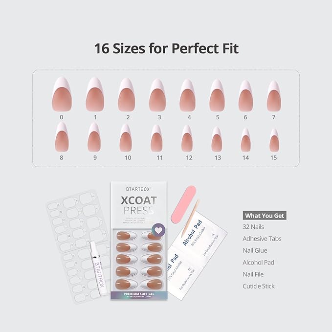 BTArtbox French Tip Press On Nails - Medium Press On Nails Almond, Natural Fake Nail with Nail Glue, Brown Glue On Nails in 16 Sizes - 32 Fake Nails Kit, Capable