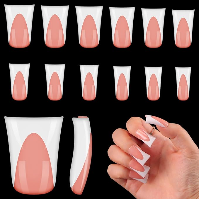 outopen 120pcs Duck Nail Tips Short Light Peach French Duck Tips Full Cover Fan Flare Duck Tips for Wide Press on Nail Crystal Duck Feet Nail Tips for Polygel Acrylic Extension, 12 Sizes