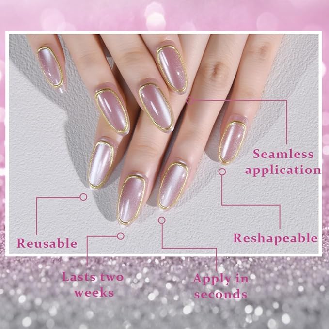 evpct Gold Line 3D Cat Eye Press On Nails Medium Almond with Designs, 3D Crystal Handmade Press on Nails for Women, Reusable Medium Almond Gel Acrylic Fake Nail Stick on Soft Nail Gold Tip